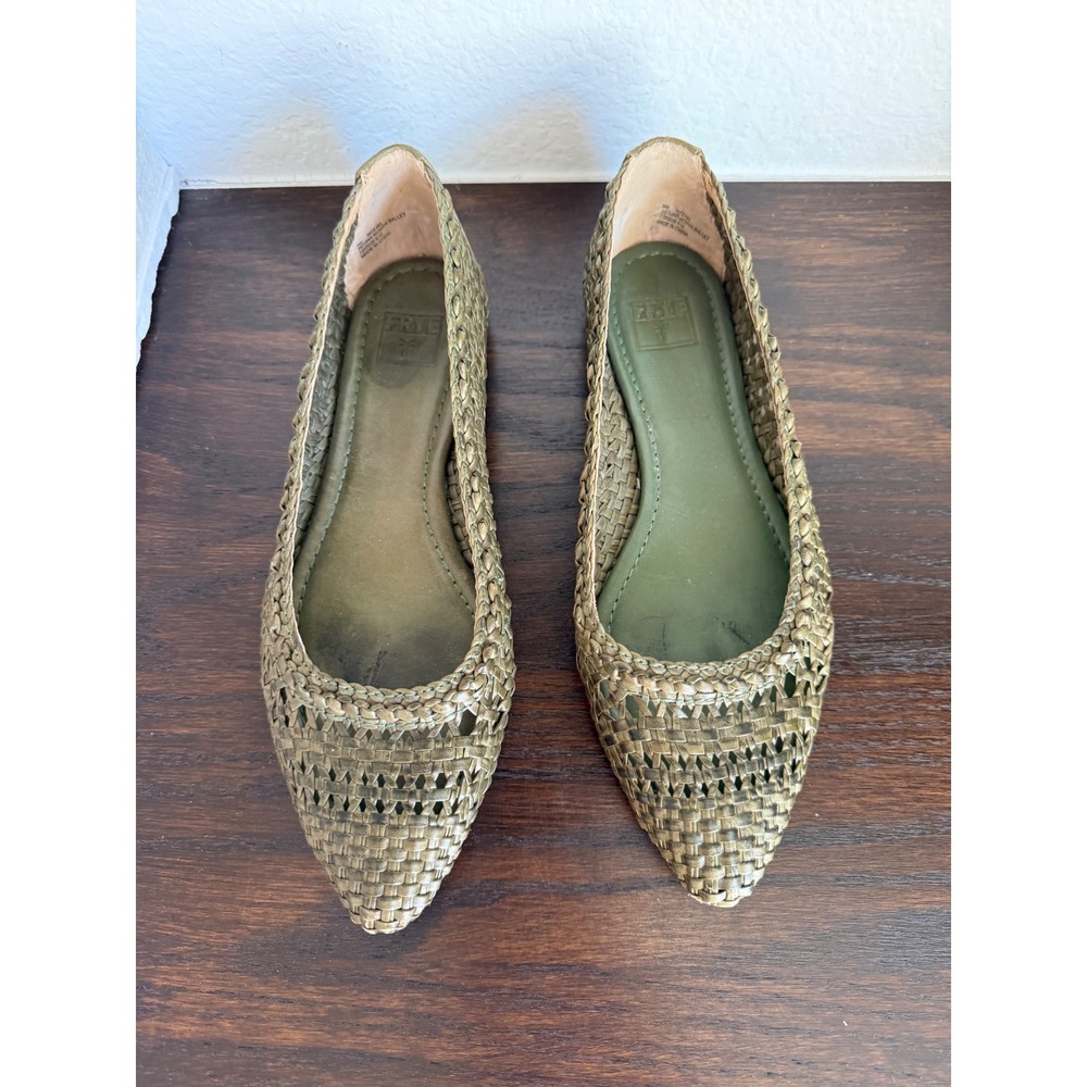 Frye Regina Woven Ballet Flats Olive Green Leather Pointed Toe Shoes 8M